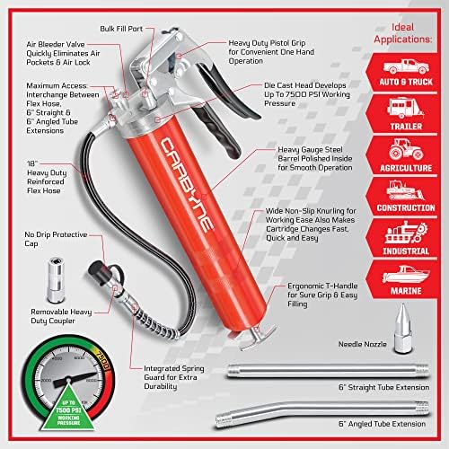 Carbyne Grease Gun, Pistol Grip, 7500 PSI, Heavy-Duty Steel Barrel