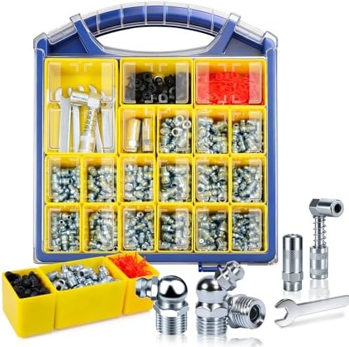 OURU 300PCS Grease Fittings Assortment, SAE & Metric,90°Grease Gun Couplers