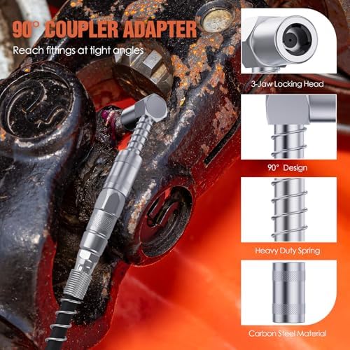 TRILINK Grease Gun Coupler Kit – 8PCS Grease Gun Accessory Set with Quick Release Coupler, 90° Adapter, 12” Flexible Hose, Grease Gun Nozzle, Narrow Needle Nozzle, 2 Injector Needle Tips & Cleaner