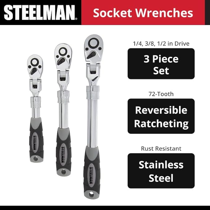 Steelman Pro 72-Tooth Extendable Flex-Head Ratchet Tool Set, 3-Piece (1/4, 3/8, and 1/2-Inch Drives), Chrome-Vanadium Steel, 180-degree Flex-Head, Ideal for Auto Mechanics/Confined Spaces