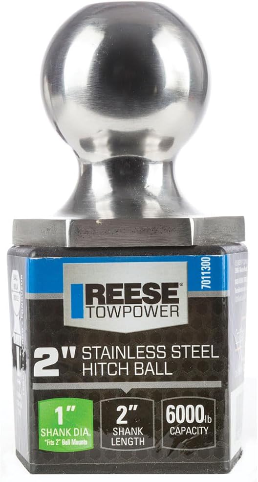 REESE Towpower 7011300 Interlock Trailer Hitch Ball,Class IV, 2 Inch Diameter, 6,000 lbs. Capacity, 1 Inch Shank Diameter, 2 Inch Shank Length, Stainless Steel
