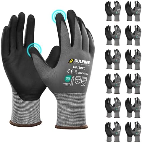 DULFINE MicroFoam Nitrile Coated 12 Pairs Work Gloves for Men Grey XS