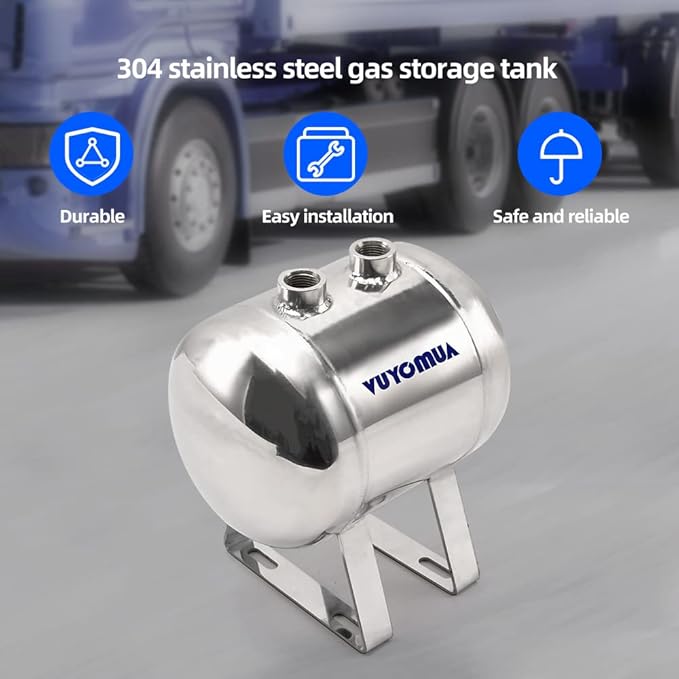 1/4" NPT Air Compressors 1 Gallon Stainless Steel Portable Air Compressor Max 180PSI Air Reservoir Water Storage Tank for Truck, Car, Air Horn, Inflating Tires, Air Ride
