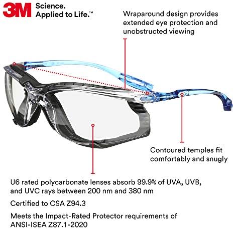 3M Safety Glasses, Virtua CCS, ANSI Z87, Anti-Fog, Indoor/Outdoor Mirrored Lens, Blue Frame, Corded Ear Plug Control System, Removable Foam Gasket (Pack of 2)