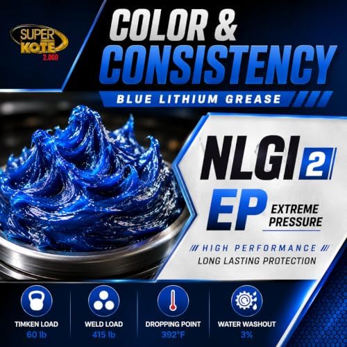 Blue and Tacky Lithium Grease Superkote 2000 | NLGI 2 | EP Grease | Tube | Extreme Pressure | High Temperature | Heavy Duty | Automotive | Blue Grease | 1-Pack of 14 Oz.