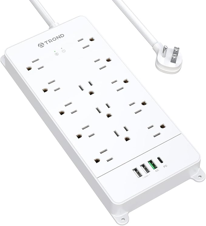 TROND Surge Protector Power Strip with USB C, Flat Plug Extension Cord 5 ft, 13 Wide Spaced Outlets, 4000 Joules, 32W Quick Charge 3.0 &, Wall Mount, Under Desk, Heavy Duty ETL Listed, White