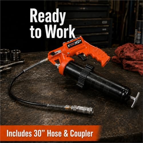 K Tool International XD73901 Pneumatic Grease Gun, Pistol Grip with 30" Flexible Hose and Coupler, Angled Ergonomic Design, Bulk Loader Head with Air Bleeder, 14 oz Cartridge or 500 cc Bulk Fill