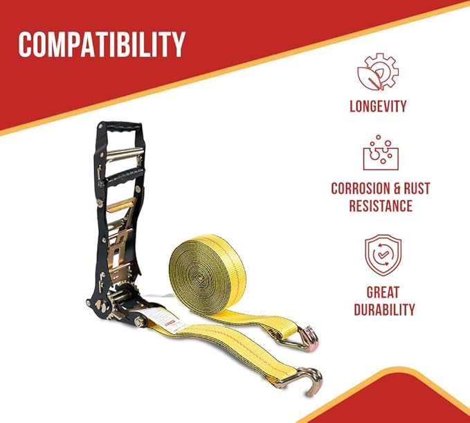 Mytee Products 20 Pack 2" x27' Yellow Ratchet Strap with J Hooks - 10,000 Lbs Breaking Strength -Heavy Duty Tie Down Large Bar Handle and Cargo Straps w/Wire Hooks for Flatbed, Truck, Trailers Pickup