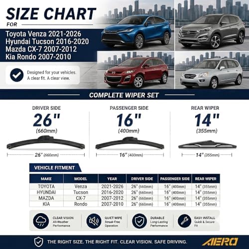 AERO Wipers Replacement for Toyota Venza 2021-2026 & Hyundai Tucson 2016-2020 + More, 26"+16" Front + 14" Rear, All-Season Windshield Wiper Blades with Extra Refills + 1-Year Warranty (Set of 3)