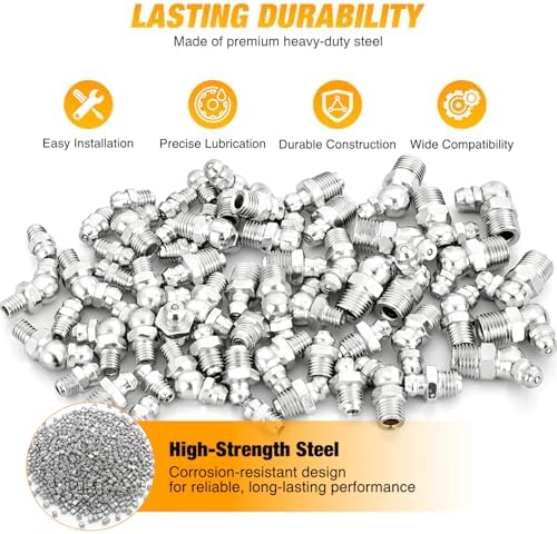 GOOACC 60 PCS Zerk Grease Fittings Kit Hydraulic Grease Fitting Assortment with Straight 45 90 Degree M6 M8 M10 Metric Grease Zerk Fittings Nipple for Automotive Farm Industrial Machinery Lubrication