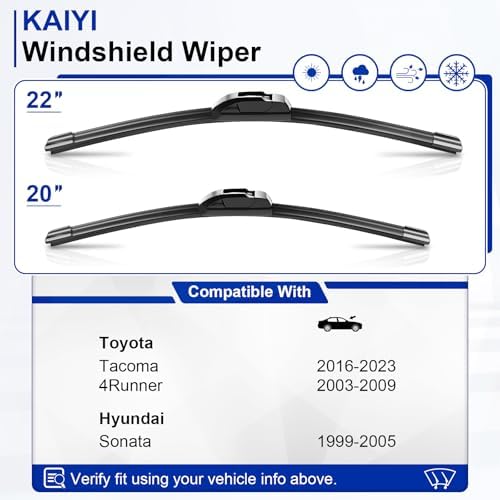 KAIYI 22" + 20" Windshield Wipers Compatible with Toyota Tacoma 2016-2023,4Runner 2003-2009,Hyundai Sonata 1999-2005 Premium Automotive Replacement Windshield Wiper Blades 2 Pack