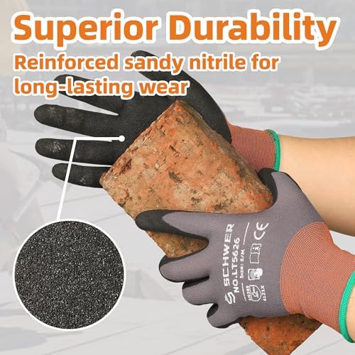 Schwer 12 Pairs Work Gloves Sandy Nitrile Coated, Touchscreen, LT5626, XXL