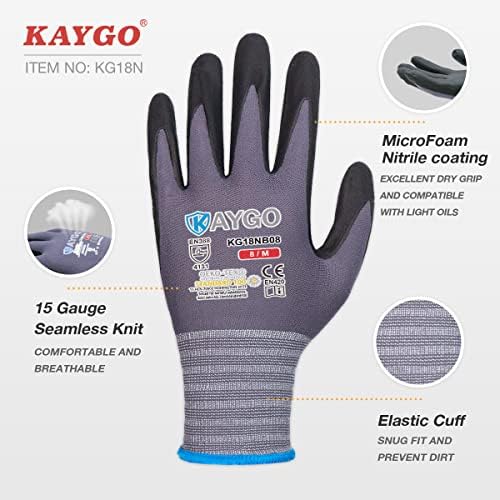 KAYGO Safety Work Gloves, MicroFoam Nitrile Coated, Men Women,KG18N