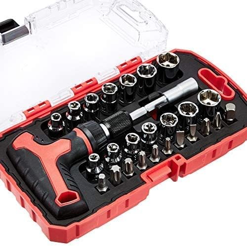 Amazon Basics 27-Piece Magnetic T-Handle Ratchet Wrench and Screwdriver Set with Bits and Sockets, Storage Case for Household Repair