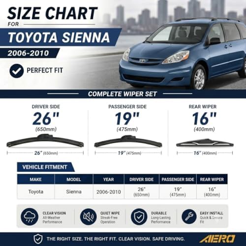 AERO Wipers Replacement for Toyota Sienna 2006 2007 2008 2009 2010, 26"+19" Front + 16" Rear, Premium All-Season Windshield Wiper Blades with Extra Squeegee Refills + 1-Year Warranty (Set of 3)