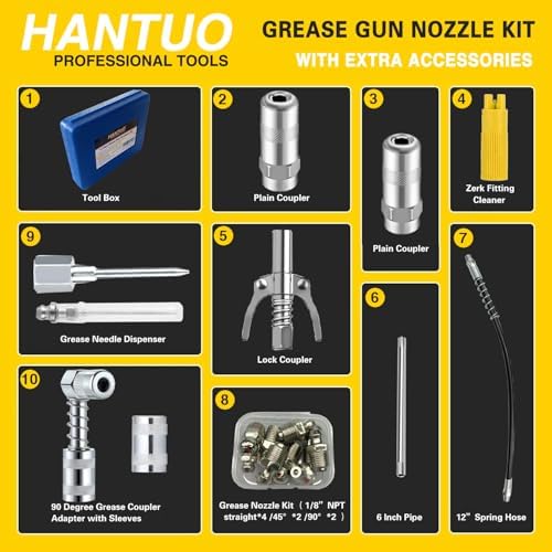 17 Piece Grease Gun Accessory Kit, Quick Connect Grease Coupler Set with 90° Adapter, 12 Inch Spring Flex Hose, Grease Zerk Fittings & Cleaning Tool, Universal for 1/8" NPT Grease Guns