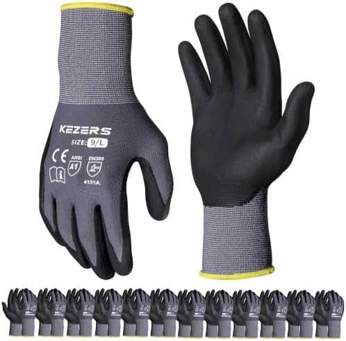 KEZERS 12 Pairs Nitrile Coated Safety Work Gloves for Men and Women