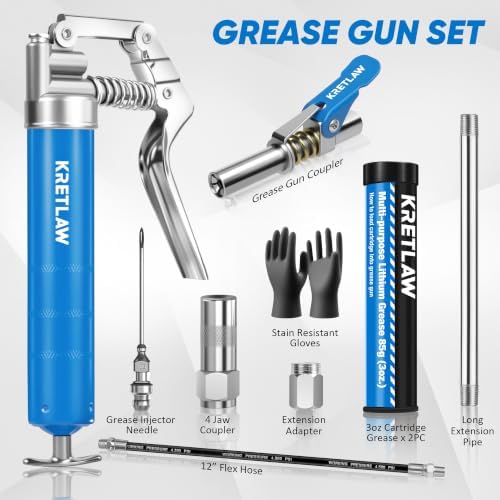 KRETLAW Mini Grease Gun Kit 3000PSI Marine, Includes 3oz Grease Cartridge, 12" Flex Hose, Grease Gun Coupler, Grease Injector Needles