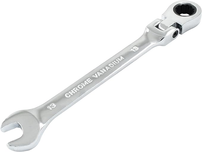 13mm Flex Head Ratchet Wrench, 12 Point Chrome Vanadium Steel Combination Spanner with 72 Tooth Ratcheting Gear, Metric Industrial Grade Tool for Automotive and Mechanical Maintenance
