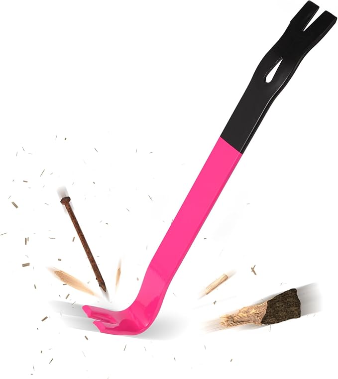 12'' Flat Pry Bar Crow Bar Nail Puller, Pink Black Color Angled Curved Head Metal Wood Board Tire Removing Wrecking Prying Tool Heavy Duty