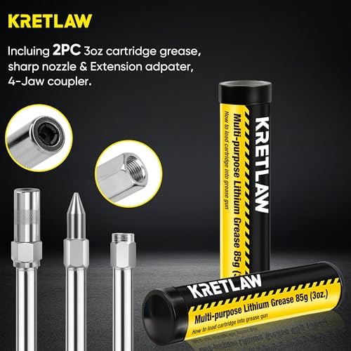 KRETLAW Mini Grease Gun (3000PSI) with Double 3oz Cartridge Grease and 12'' Flex Hose, Reinforced Coupler for Automotive, Yellow