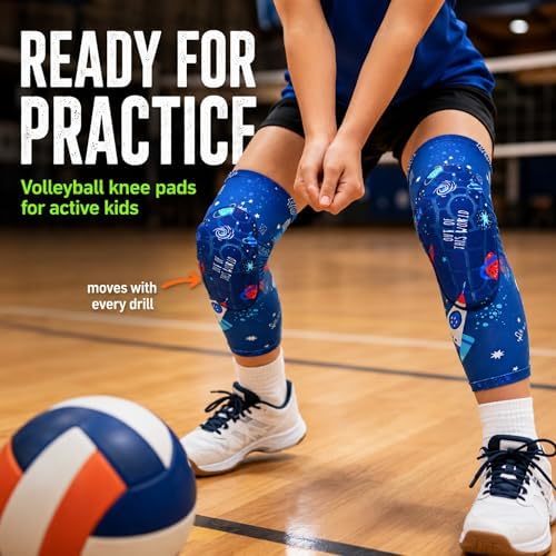Kids Volleyball Knee Pads for Boys Girls, Space Sports Protective Knee Sleeves, Youth Basketball Dance Soccer Gym Pads, Back to School Gift for Children, Comfortable Pull On Support for Practice Game