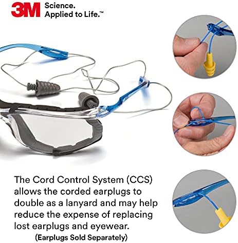 3M Safety Glasses, Virtua CCS, ANSI Z87, Anti-Fog, Indoor/Outdoor Mirrored Lens, Blue Frame, Corded Ear Plug Control System, Removable Foam Gasket (Pack of 2)