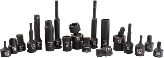 SUNEX 35145 3/8" Drive SAE & Metric 6 Point Standard & Deep with Universals, Star (E and Tamperproof), Triple Square, & Hex Bit, 145-Piece