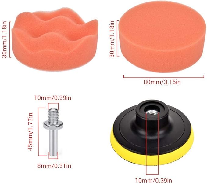 11Pcs 3 Inch Car Foam Drill Polishing Pad Kit Buffing Sponge Pads Kits by Yesallwas,for Car Sanding, Polishing, Waxing (8 Polishing Pads,1 Woolen Buffer, 1 Thread Drill Adapter with Shank)
