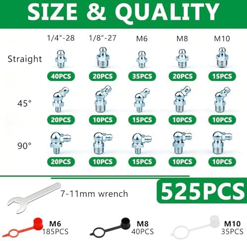 525PCS Grease Fittings Assortment, SAE & Metric Zerk Grease Fitting Straight 45 90 Degree (1/4"-28,1/8"-27,M6,M8,M10) with Plastic Caps in Portable Box, Includes 7-11mm Wrenchs for Grease Gun