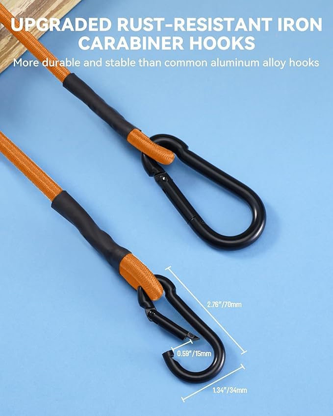 8 Pack 24 Inch Heavy Duty Bungee Cords with Carabiner Hooks, 190 lbs Max Strength Bungee Straps for Cargo, Bike, Cart, Roof Rack, Truck, Tent, Camping, Motorcycle, Outdoor Storage and More, Orange
