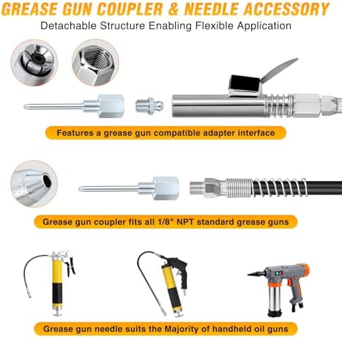 GOOACC Grease Gun Needle Tip & Grease Gun Coupler Set 12000PSI Narrow Needle Dispenser Quick Locking Grease Gun Tips Compatible with Pistol Grip Pneumatic Electric Grease Guns Fitting 1/8" NPT Thread