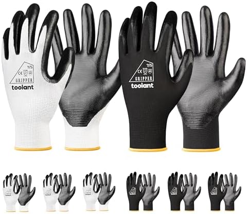 toolant Nitrile Coated Work Gloves, 6 Pairs, White&Black, Small