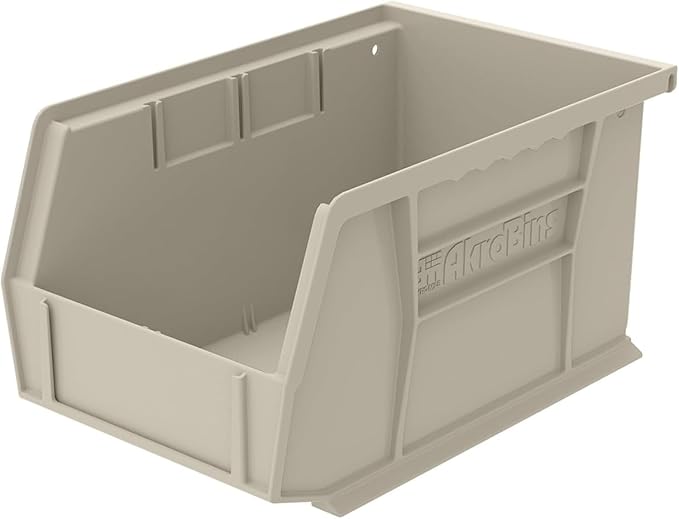 Akro-Mils 30237 AkroBins Plastic Storage Bins, Space-Saving Stackable Bins for Garage, Pantry, Craft Organization, 9" x 6" x 5", Stone, 12-Pack