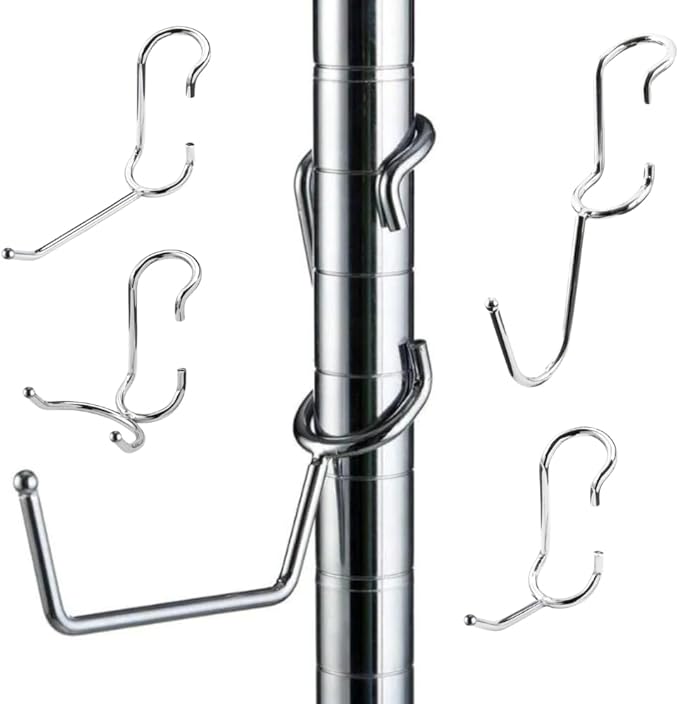 Shelf Pole Hooks 5-Pack | Chrome Variety Pack for Hanging | Snap-On Hooks for 1 Inch Poles | Wire & Metal Shelving Hooks for Kitchen, Garage & Home Organization