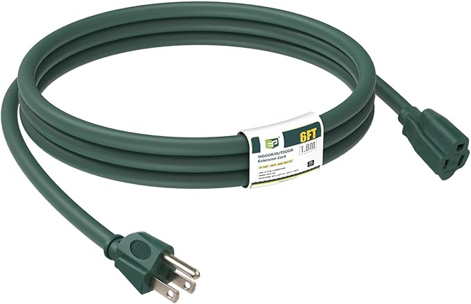 EP 6FT Green Outdoor Extension Cord, 16/3 SJTW Heavy Duty Waterproof, 3 Prong Grounded Plug, 13A 1625W 16AWG, Cold-Resistant Flexible Power Cable for Garden, Home, Christmas Lights.