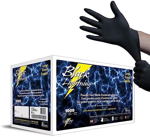 Black Lightning Nitrile Gloves 6 Mil, Disposable Powder-Free Exam & Work Gloves, Heavy Duty Chemical Resistant, Food Safe, Medical & Mechanic Gloves, Black, Large, 1000 Count