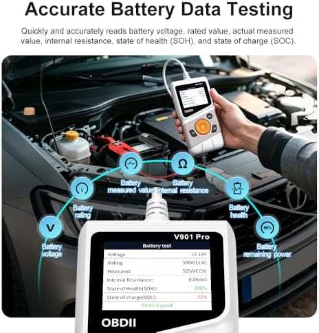 OBD2 Scanner Diagnostic Tool, Car Code Reader & Car Battery Tester for 12V Lead-Acid Batteries, OBD II Scanner, Wireless Car Scanner Diagnostic Tool, Vehicle Code Reader