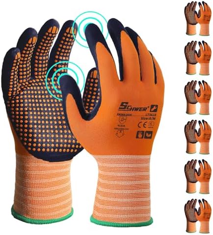 Schwer 6 Pairs Safety Work Gloves with Certified Level 6 Abrasion Resistance, General A1 Cut Resistant Working Gloves with MicroDot Grip, Touchscreen, MicroFoam Nitrile Coating, LT5619, M