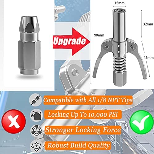 Grease Gun Coupler Grease Gun Tip Quick Lock and Release Lube Grease Gun Fittings Dual Handle Grease Nozzle Coupler Upgraded to 12000 PSI,Compatible with All Grease Guns 1/8" NPT Ends Accessories