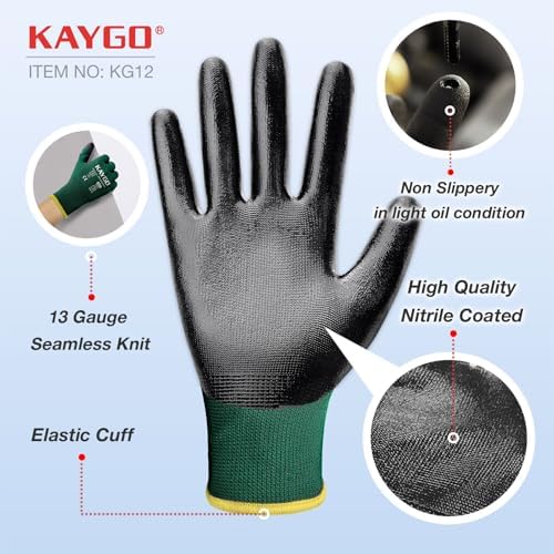 KAYGO Work Gloves for Men and Women, Black Nitrile Coated,KG12N,12Pairs