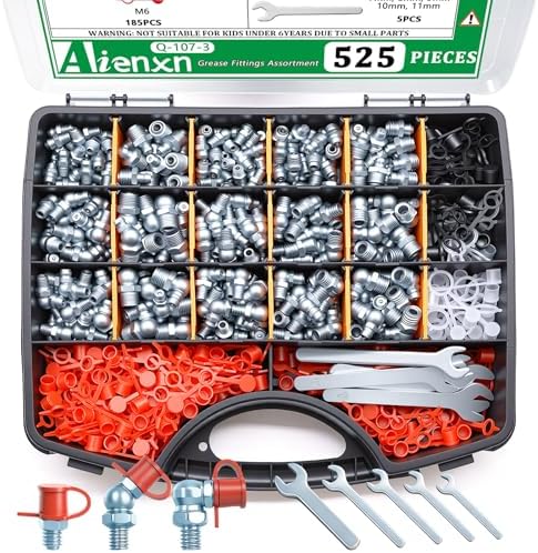 525PCS Grease Fittings Assortment, SAE & Metric Zerk Grease Fitting Straight 45 90 Degree (1/4"-28,1/8"-27,M6,M8,M10) with Plastic Caps in Portable Box, Includes 7-11mm Wrenchs for Grease Gun