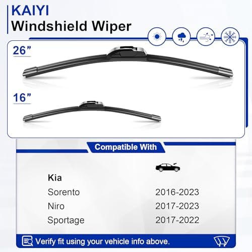 KAIYI 26" + 16" Windshield Wipers Compatible with Kia Sorento 2016-2023,Niro 2017-2023,Sportage 2017-2022 Premium Automotive Replacement Windshield Wiper Blades 2 Pack