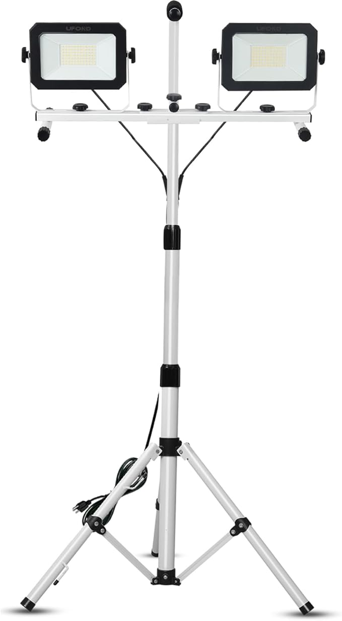 UFOND 10000 Lumen LED Work Light with Stand,Detachable Waterproof Dual Head Work Lights,Individual Switch Floodlight with TelescopingTripod,Work Lamp with Power Cord for Construction Site