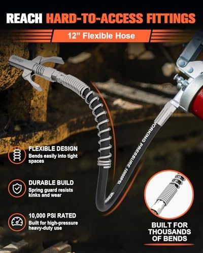 Grease Gun Coupler, 12-Inch Flexible Grease Gun Hose Kit, 1-Pack
