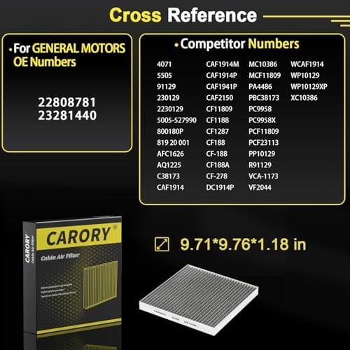 CARORY Cabin Air Filter w/Activated Carbon for Chevy Silverado 1500 2014-2018, Tahoe 2015-2020, Suburban 2015-2020, GMC Sierra 1500 2014-2018, Yukon 2014-2020, Yukon XL 2014-2020, CF809