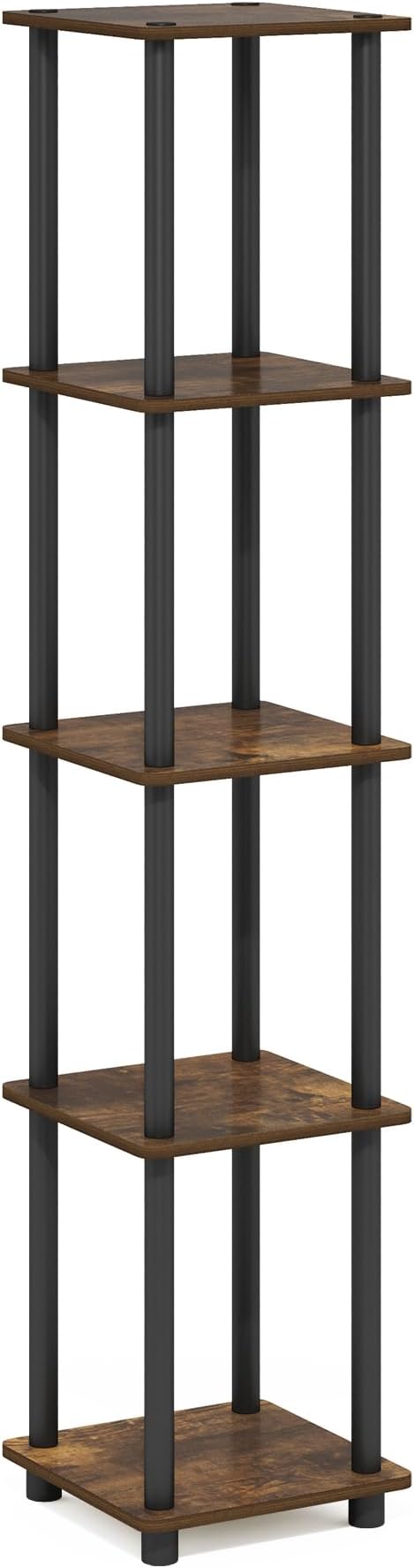Furinno Turn-N-Tube Storage Shelves, 5-Tier Square Book Shelf, Corner Shelf, Toolless Open Shelves, Round Tubes, for Organization and Storage, Living Room, Garage, Home Office, Amber Pine