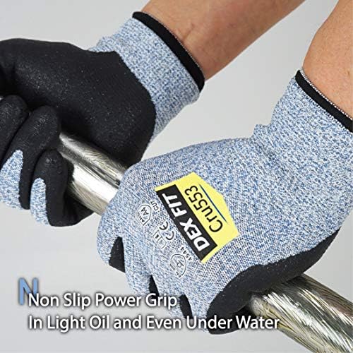 DEX FIT Level 5 Cut Resistant Gloves Cru553, 3D-Comfort Fit, Firm Grip, Thin & Lightweight, Touch-Screen Compatible, Durable, Breathable & Cool, Machine Washable; Blue L (9) 3 Pairs