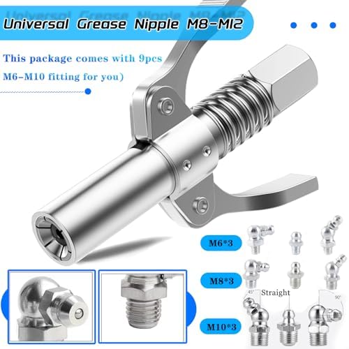 Grease Gun Coupler Quick Lock and Release Lube Grease Gun Tip 2PCS+12''Grease Gun Tube+9PCS Grease Nipple Nozzle Ends Kit M6-M10 Compatible with All Grease Guns 1/8" Npt 10000PSI
