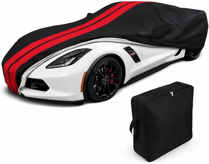 SR1 Performance USA C7 Corvette Car Cover - Custom Fit Indoor/Outdoor UV & Rain Protection - Ultraguard 300 Denier High End for 2014-2019 Stingray, Z51, Z06, Grand Sport (Black with Red Stripes)